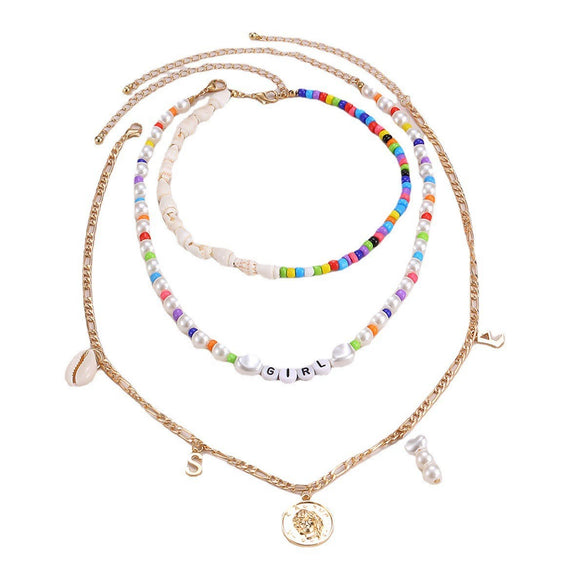 Wholesale Jewelry Shell Rice Beads Alloy Geometric Cross Chain Necklace For Women Electroplated