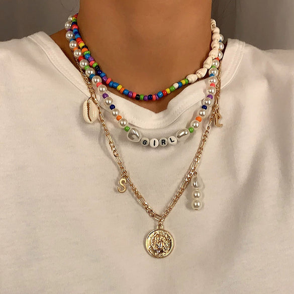 Wholesale Jewelry Shell Rice Beads Alloy Geometric Cross Chain Necklace For Women Electroplated