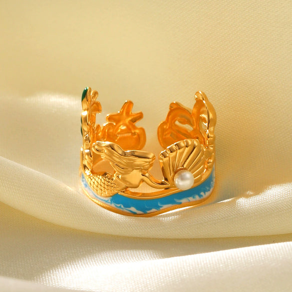 Wholesale Jewelry Shell Stainless Steel Goldplated Geometric Animal Zodiac Mermaid Oil Drop Open Ring