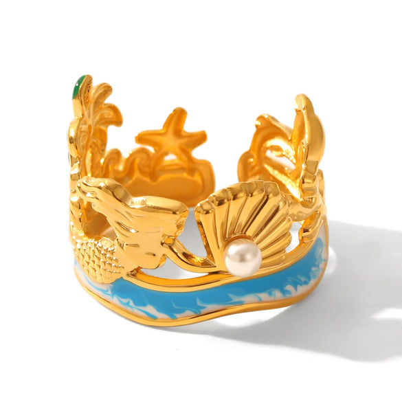 Wholesale Jewelry Shell Stainless Steel Goldplated Geometric Animal Zodiac Mermaid Oil Drop Open Ring