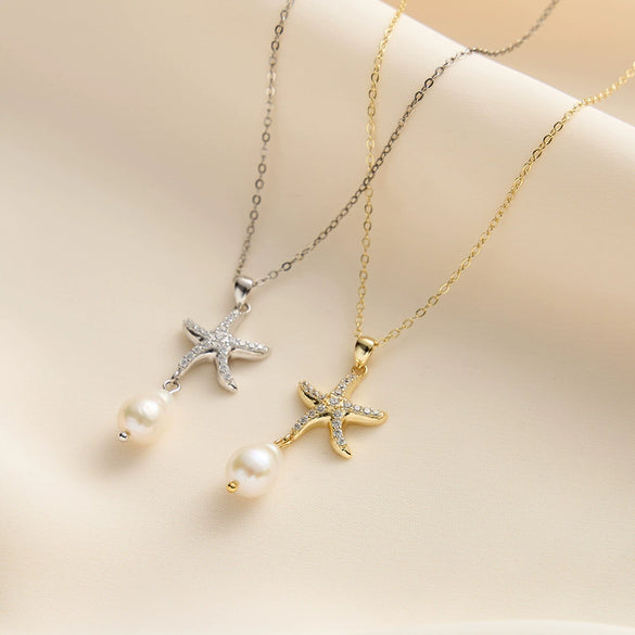 Wholesale Jewelry Silver Freshwater Pearl Starfish Pendant Necklace Minimalist Geometric Style Electroplating