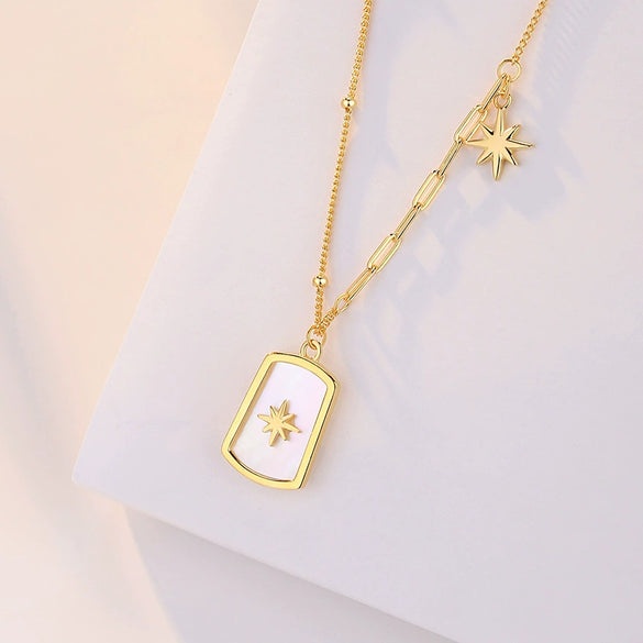 Wholesale Jewelry 925 Silver Geometric Star Square Shield Bead Necklace With Electroplating For Women Retro Cold Style