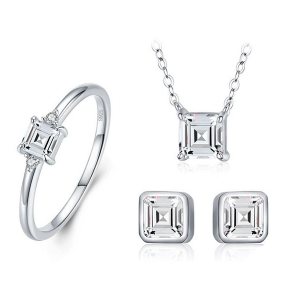 Wholesale Jewelry Silver Geometric Style Set With Precious Stones Clavicle Chain Necklace Earrings Ring