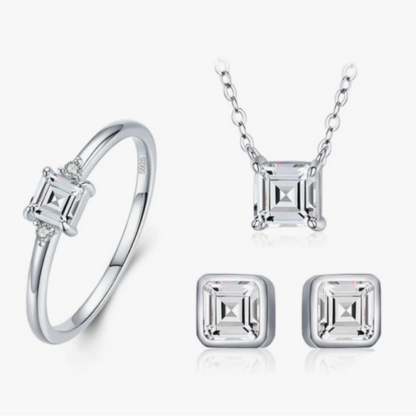 Wholesale Jewelry Silver Geometric Style Set With Precious Stones Clavicle Chain Necklace Earrings Ring