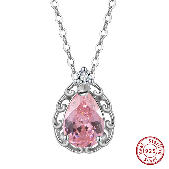 Wholesale Jewelry 925 Silver Inlaid Pink Dropshaped Zircon Pendant Geometric Style Electroplated Necklace For Women