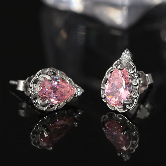Wholesale Jewelry 925 Silver Inlaid Pink Dropshaped Zircon Pendant Geometric Style Electroplated Necklace For Women