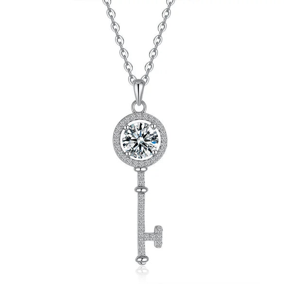 Wholesale Jewelry Silver Moissanite Key Pendant Necklace With Geometric Pattern