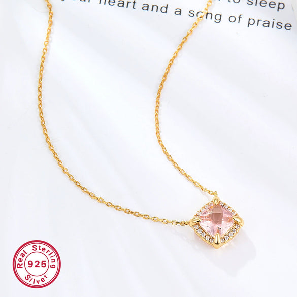 Wholesale Jewelry 925 Silver Square Pink Zircon Pendant Necklace For Women With Electroplating And Cube Sugar Pattern