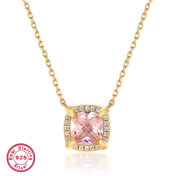 Wholesale Jewelry 925 Silver Square Pink Zircon Pendant Necklace For Women With Electroplating And Cube Sugar Pattern