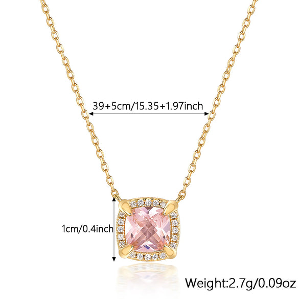Wholesale Jewelry 925 Silver Square Pink Zircon Pendant Necklace For Women With Electroplating And Cube Sugar Pattern