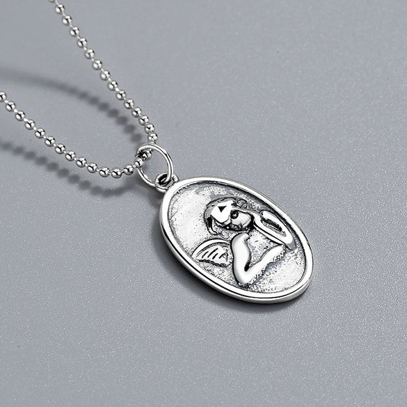 Wholesale Jewelry Silver 925 Sterling Geometric Ball Chain Hip Hop Guardian Angel Pendant Necklace