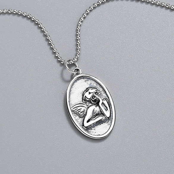 Wholesale Jewelry Silver 925 Sterling Geometric Ball Chain Hip Hop Guardian Angel Pendant Necklace
