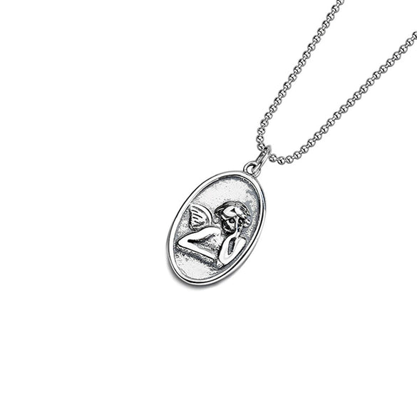 Wholesale Jewelry Silver 925 Sterling Geometric Ball Chain Hip Hop Guardian Angel Pendant Necklace