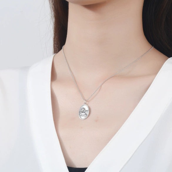 Wholesale Jewelry Silver 925 Sterling Geometric Ball Chain Hip Hop Guardian Angel Pendant Necklace