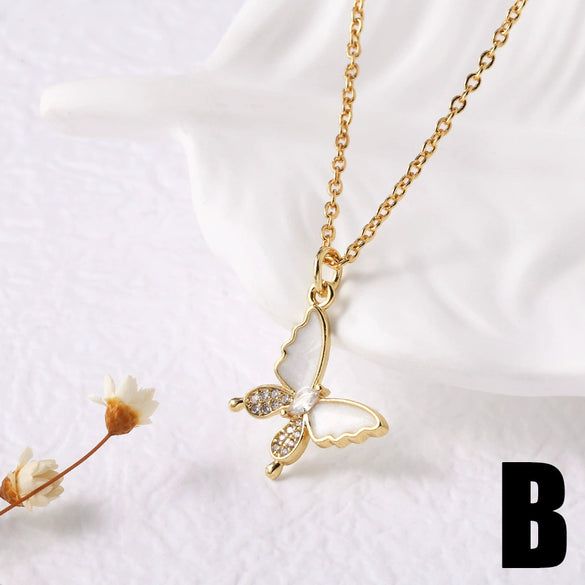 Wholesale Jewelry Simple Animal Geometric Copper Shell Inlaid Zircon Butterfly Moon Pendant Necklace Electroplated