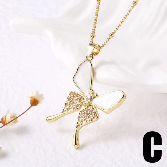 Wholesale Jewelry Simple Animal Geometric Copper Shell Inlaid Zircon Butterfly Moon Pendant Necklace Electroplated