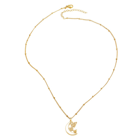 Wholesale Jewelry Simple Animal Geometric Copper Shell Inlaid Zircon Butterfly Moon Pendant Necklace Electroplated