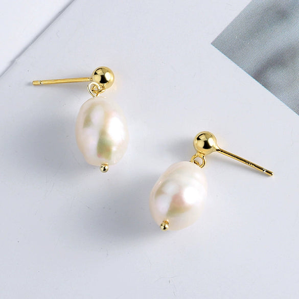 Wholesale Jewelry Simple Baroque Freshwater Pearl S925 Sterling Silver Geometric Electroplated Earrings For Women And Students