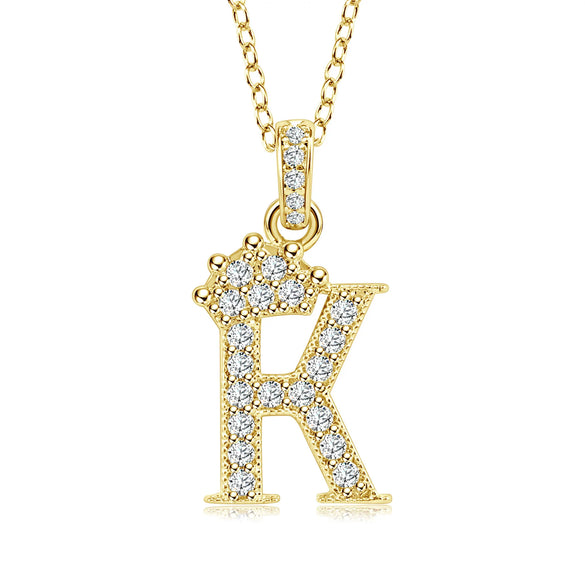 Wholesale Jewelry Simple Classic Crown Zircon English Letter Pendant Copper Goldplated Necklace For Women