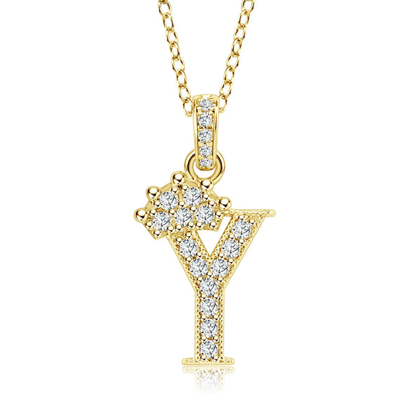 Wholesale Jewelry Simple Classic Crown Zircon English Letter Pendant Copper Goldplated Necklace For Women