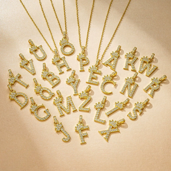 Wholesale Jewelry Simple Classic Crown Zircon English Letter Pendant Copper Goldplated Necklace For Women