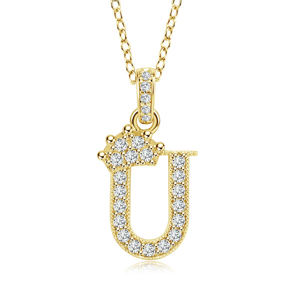 Wholesale Jewelry Simple Classic Crown Zircon English Letter Pendant Copper Goldplated Necklace For Women