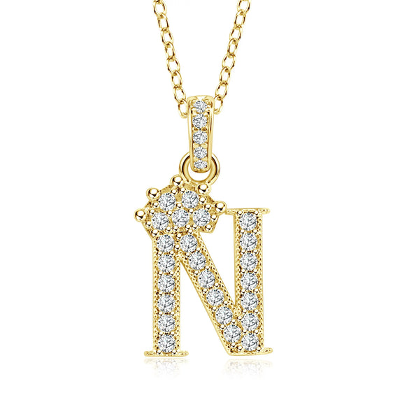 Wholesale Jewelry Simple Classic Crown Zircon English Letter Pendant Copper Goldplated Necklace For Women