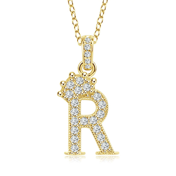 Wholesale Jewelry Simple Classic Crown Zircon English Letter Pendant Copper Goldplated Necklace For Women