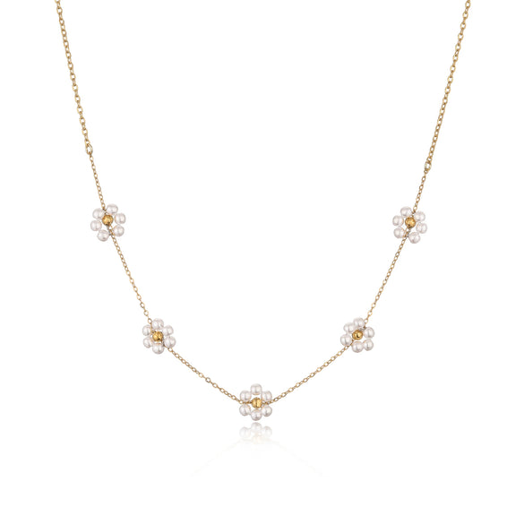 Wholesale Jewelry Simple Copper Gold Plated Artificial Pearl Flower Geometric Inlaid Necklace