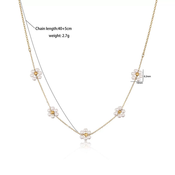 Wholesale Jewelry Simple Copper Gold Plated Artificial Pearl Flower Geometric Inlaid Necklace