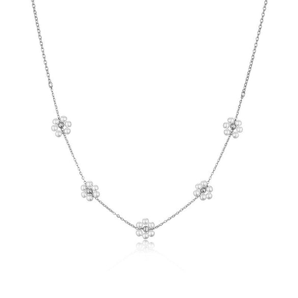Wholesale Jewelry Simple Copper Gold Plated Artificial Pearl Flower Geometric Inlaid Necklace