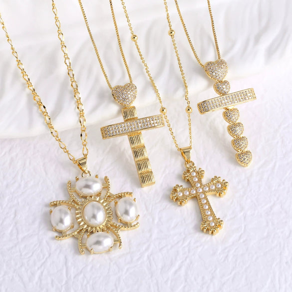 Wholesale Jewelry Simple Cross Pearl Full Zircon Copper Necklace With Electroplating