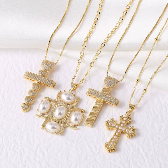Wholesale Jewelry Simple Cross Pearl Full Zircon Copper Necklace With Electroplating