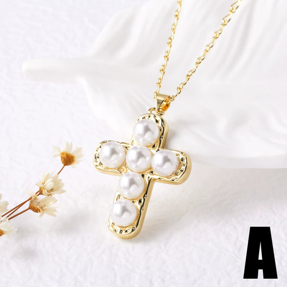Wholesale Jewelry Simple Cross Pearl Inlaid Zircon Copper Pendant Necklace With Clavicle Chain Electroplating