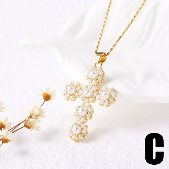 Wholesale Jewelry Simple Cross Pearl Inlaid Zircon Copper Pendant Necklace With Clavicle Chain Electroplating
