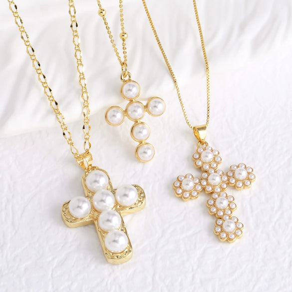 Wholesale Jewelry Simple Cross Pearl Inlaid Zircon Copper Pendant Necklace With Clavicle Chain Electroplating