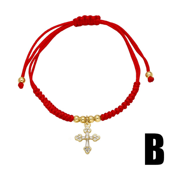 Wholesale Jewelry Simple Cross Pendant Bracelet Copper Electroplated Handwoven Red Rope Unisex