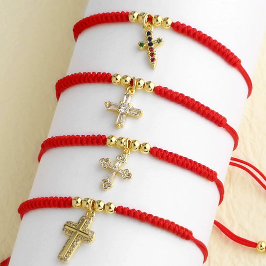 Wholesale Jewelry Simple Cross Pendant Bracelet Copper Electroplated Handwoven Red Rope Unisex