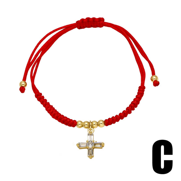 Wholesale Jewelry Simple Cross Pendant Bracelet Copper Electroplated Handwoven Red Rope Unisex