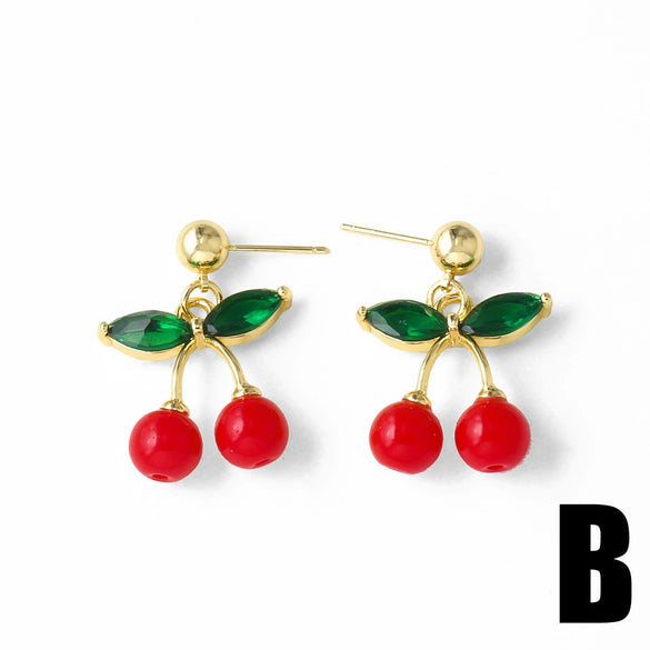 Wholesale Jewelry Simple Fruit Cherry Pendant Earrings For Women Copper Gold Plated