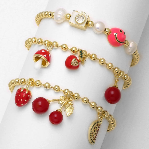 Wholesale Jewelry Simple Fruit Cherry Strawberry Copper Goldplated Pendant Bracelet