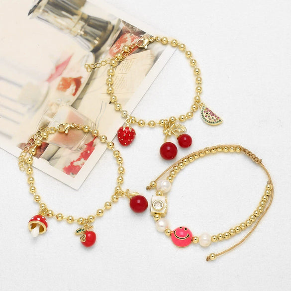 Wholesale Jewelry Simple Fruit Cherry Strawberry Copper Goldplated Pendant Bracelet