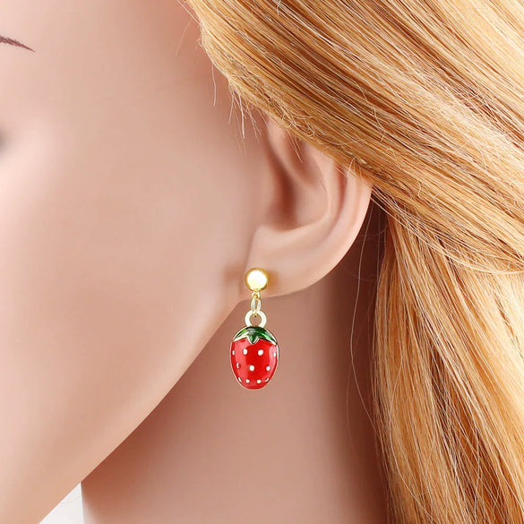 Wholesale Jewelry Simple Fruit Food Style Copper Goldplated Oildropped Watermelon Strawberry Insect Pendant Earrings