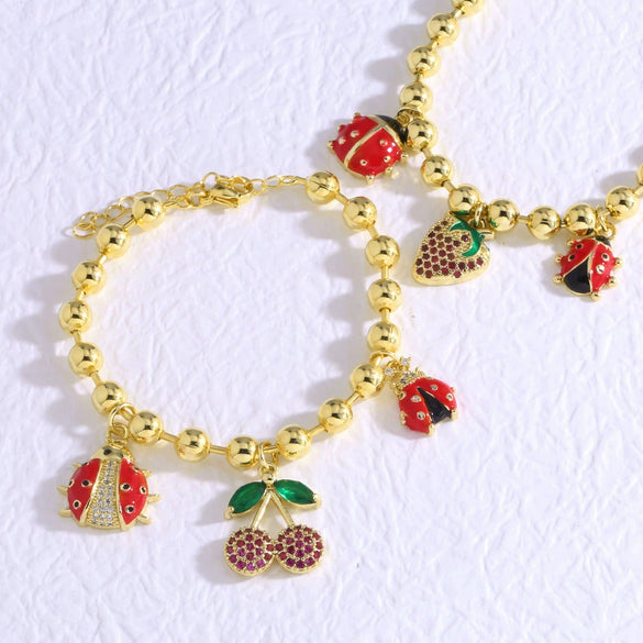 Wholesale Jewelry Simple Fruit Food Style Insect Strawberry Oil Drop Copper Goldplated Pendant Bracelet