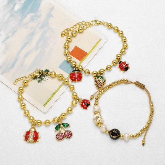 Wholesale Jewelry Simple Fruit Food Style Insect Strawberry Oil Drop Copper Goldplated Pendant Bracelet
