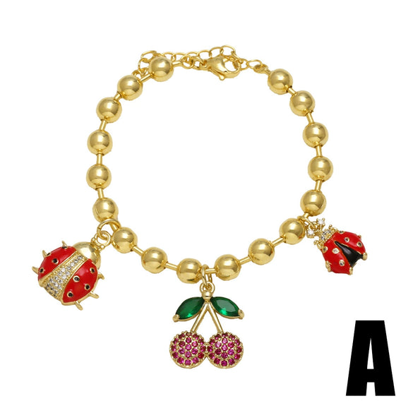 Wholesale Jewelry Simple Fruit Food Style Insect Strawberry Oil Drop Copper Goldplated Pendant Bracelet