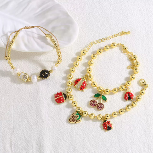 Wholesale Jewelry Simple Fruit Food Style Insect Strawberry Oil Drop Copper Goldplated Pendant Bracelet