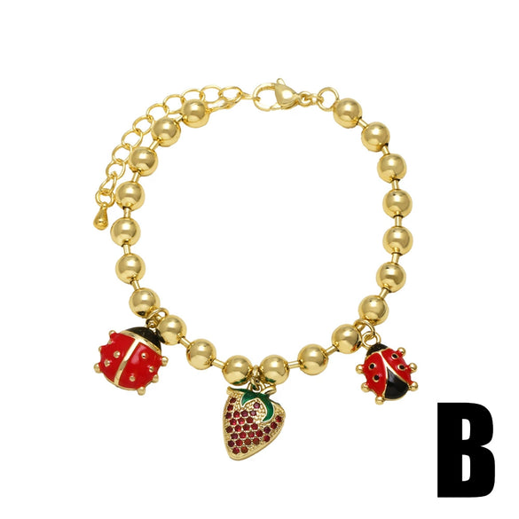 Wholesale Jewelry Simple Fruit Food Style Insect Strawberry Oil Drop Copper Goldplated Pendant Bracelet