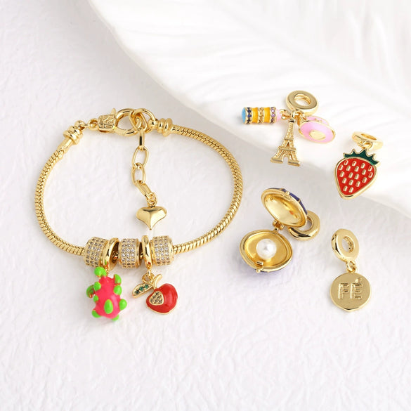 Wholesale Jewelry Simple Geometric Copper Fruit Strawberry Paris Tower Pendant Bracelet Electroplated