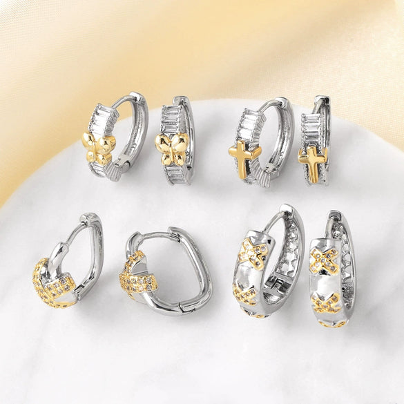 Wholesale Jewelry Simple Geometric Copper 18K Gold Plated Cross Butterfly Zircon Earrings
